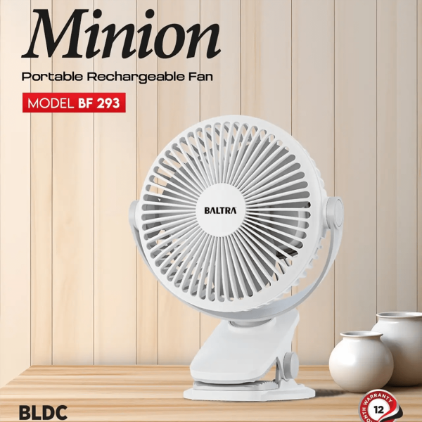 Baltra Minion BF 293 Portable Rechargeable Fan – 3-Speed Personal Cooling Fan with Built-in LED Light, Compact Desktop Design, USB Charging for Home, Office, and Travel
