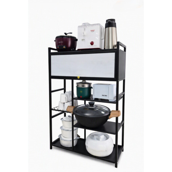 Multi‑Layer Black Metal Kitchen Storage Rack – With Shutter Cabinet