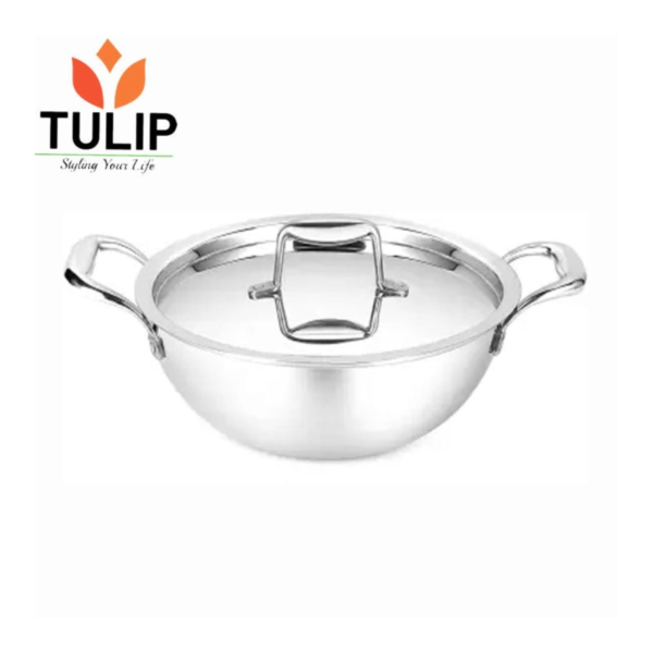 Tulip Tri‑Ply Stainless Steel Kadai – Honeycomb Non‑Stick with Lid