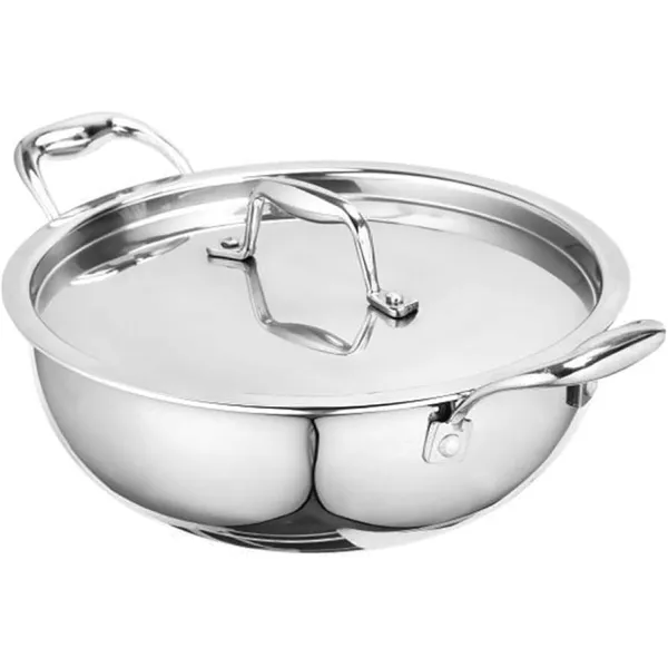 Signoraware Artista Tri-Ply Stainless Steel Induction Compatible Triply Shallow KADHAI with Stainless Steel Lid (Induction and Gas Compatible), 34cm, Capacity 8300 ml,Set of 1, Silver