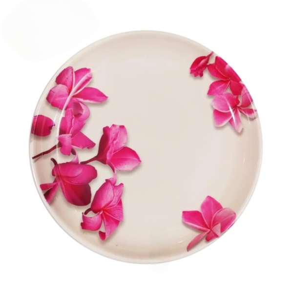 White High‑Gloss Melamine Dinner Plate – Model SS‑108 Plumeria Bloom